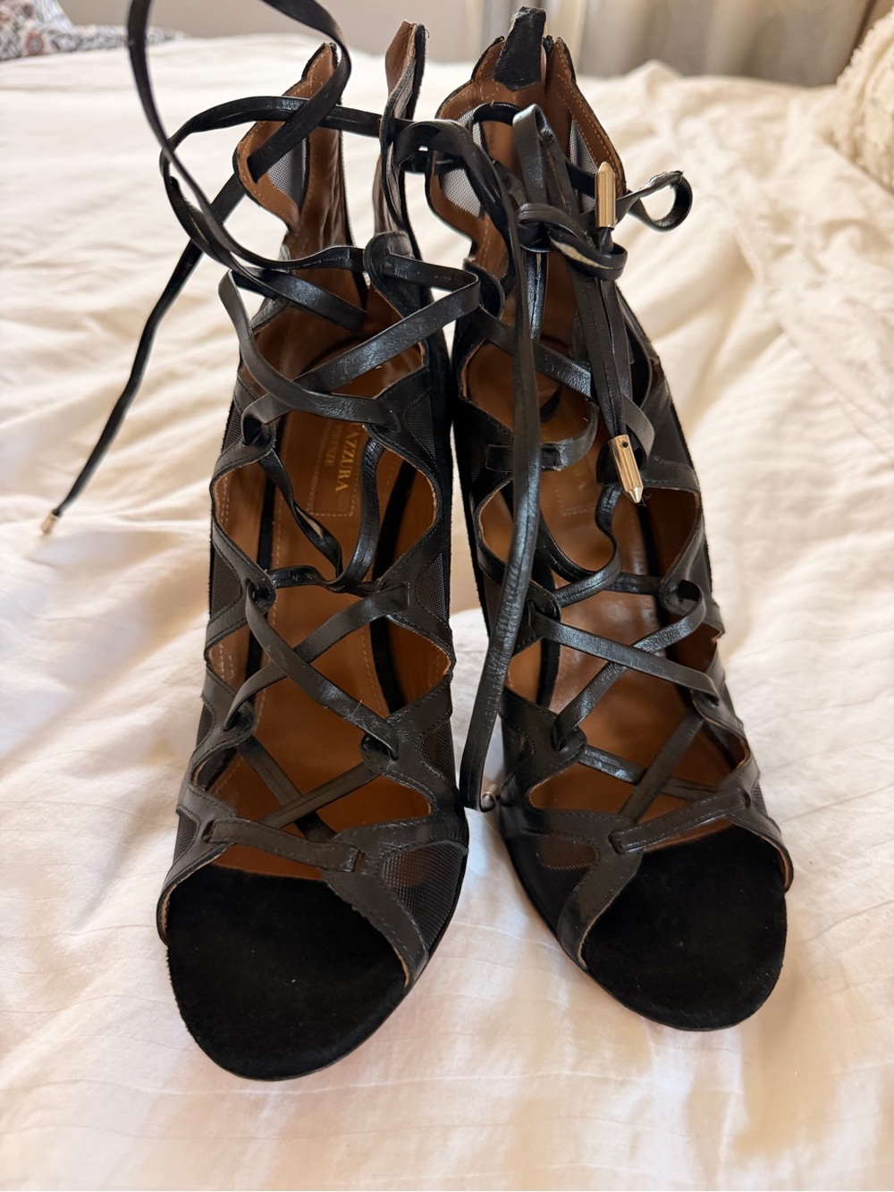 Aquazzura Black Leather Lace-Up Open-Toe Sandals with Gold Aglets